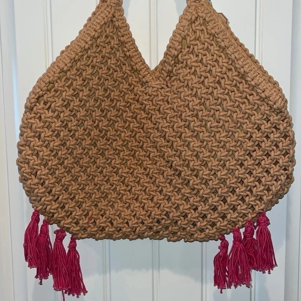 Macrame woven beach tote bag purse pink Sunny Days hippie boho tassels New